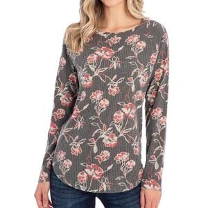 NWOT PEACE & PEARLS Sweatshirt L Grey Pink Floral Waffle-Knit Thermal Curve-Hem